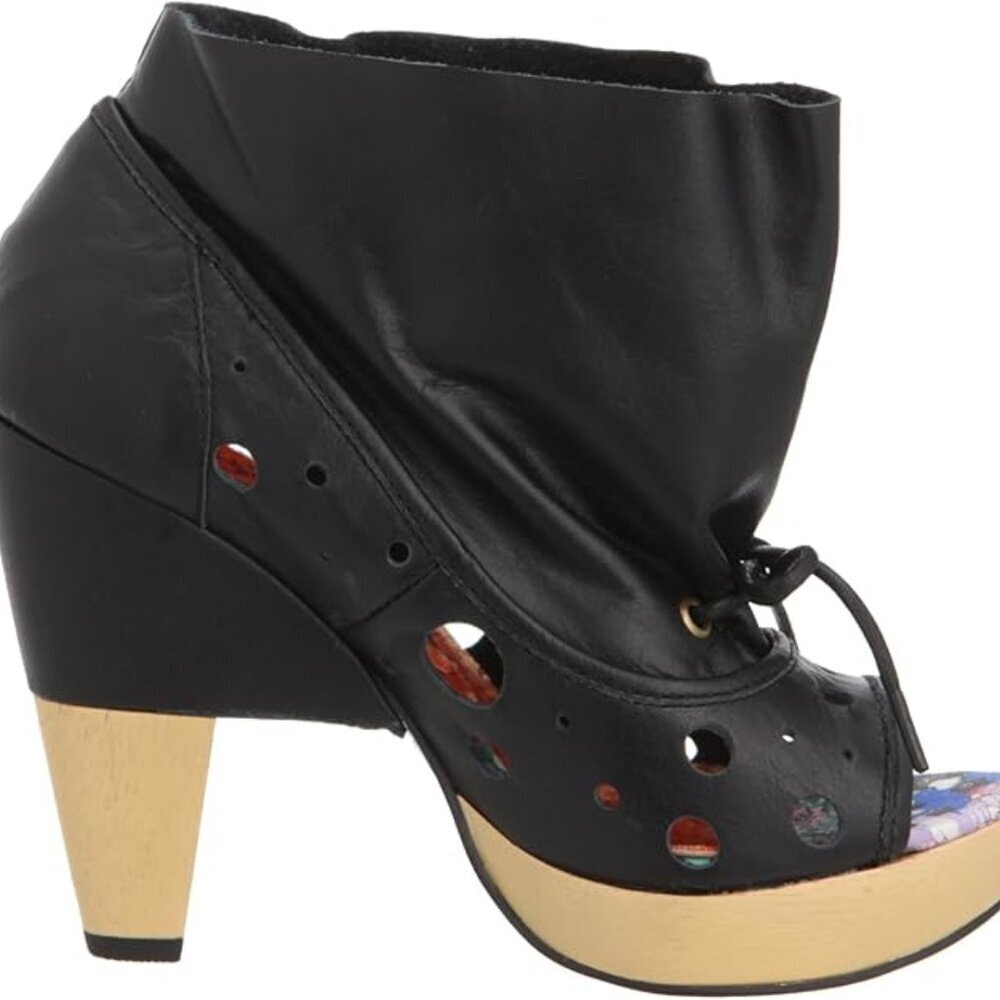 Irregular Choice Soho Sunshine Leather Booties Wood Heel Peep Toe Black New